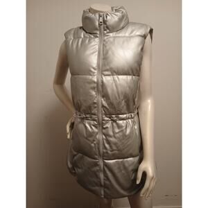 New Fashion Nova Silver Faux Leather XL Puffer Vest Winter Trendy Long Length
